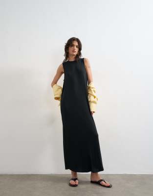 Topshop Drop Armhole Ribbed Maxi Dress In Black