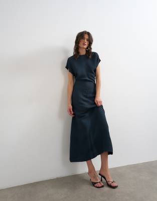 Topshop Drop Shoulder Blouson Waist Crinkle Maxi Dress In Blue