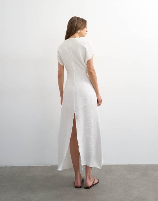 Topshop drop shoulder blouson waist crinkle maxi dress in white, 3 of 4