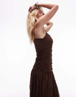 Topshop Drop Waist Crinkle Mesh Maxi Dress In Brown