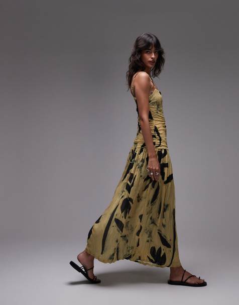 Topshop drop waist crinkle mesh maxi dress in yellow floral print - view 1