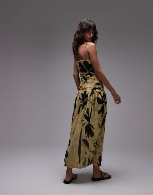 Topshop dropped waist crinkle mesh maxi dress in yellow floral print