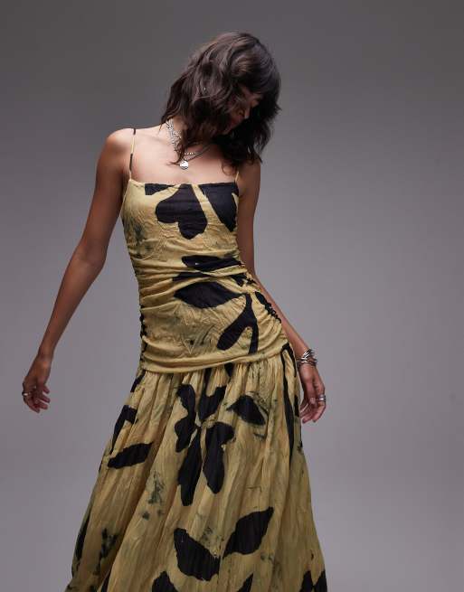 Topshop dropped waist crinkle mesh maxi dress in yellow floral print