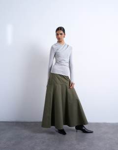 Drop waist full circle maxi skirt in khaki