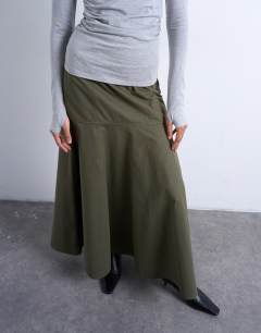 Model wearing Drop waist full circle maxi skirt in khaki