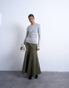 Model wearing Drop waist full circle maxi skirt in khaki