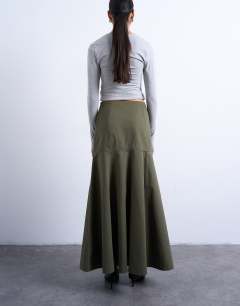Model wearing Drop waist full circle maxi skirt in khaki
