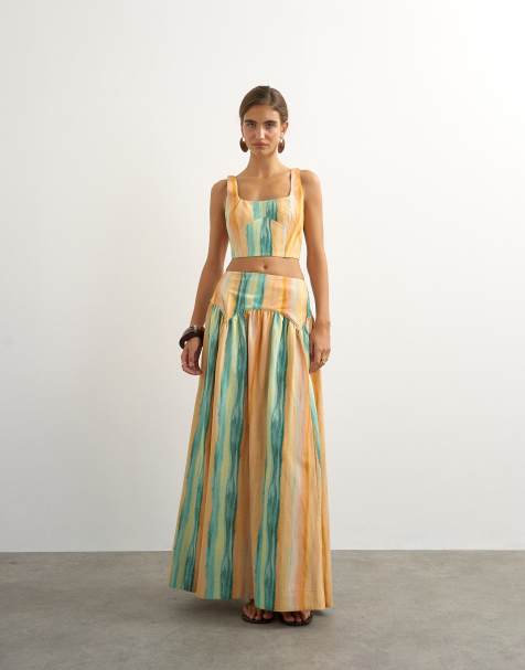Topshop drop waist full circle midi skirt in orange abstract striped print - part of a set - view 1