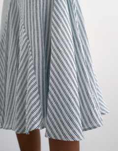 Model wearing Drop waist godet hem crinkle skirt in mono stripe