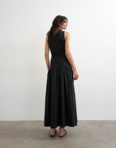 Model wearing Drop waist poplin mix open back maxi dress in black