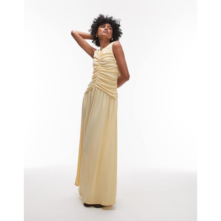 Topshop drop waist ruched maxi dress in buttermilk-Yellow