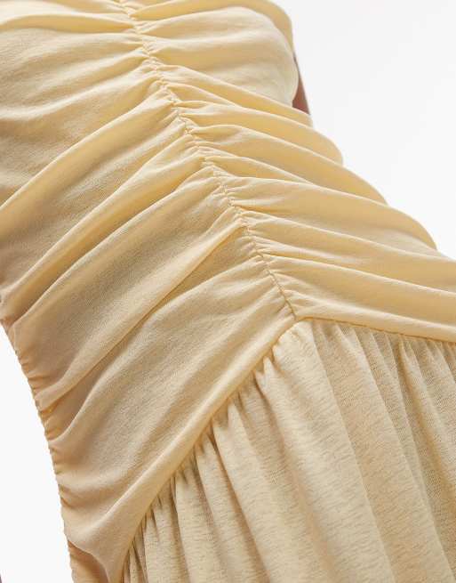 Topshop drop waist ruched maxi dress in buttermilk-Yellow