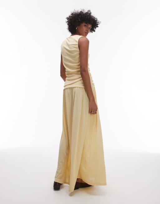 Topshop drop waist ruched maxi dress in buttermilk