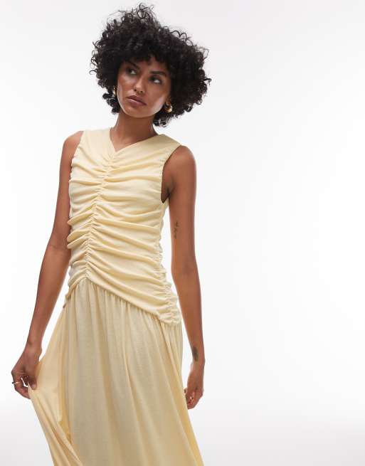 Topshop drop waist ruched maxi dress in buttermilk
