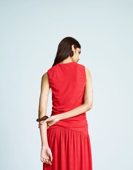 Topshop dropped waist ruched maxi dress in red