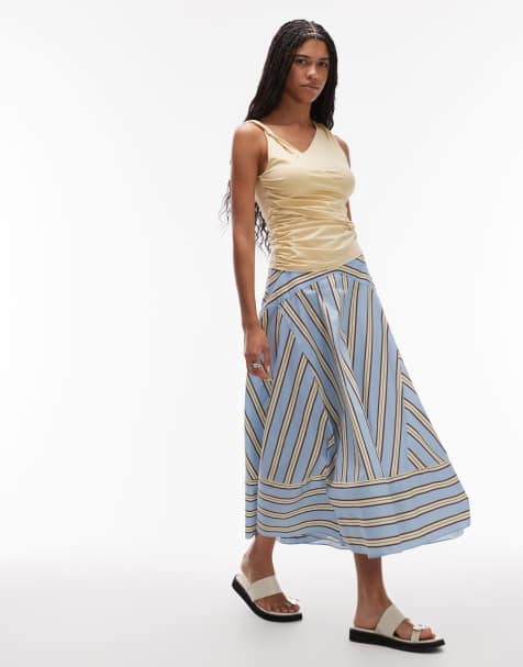 Topshop drop waist spliced maxi skirt in blue and lime stripe - view 1