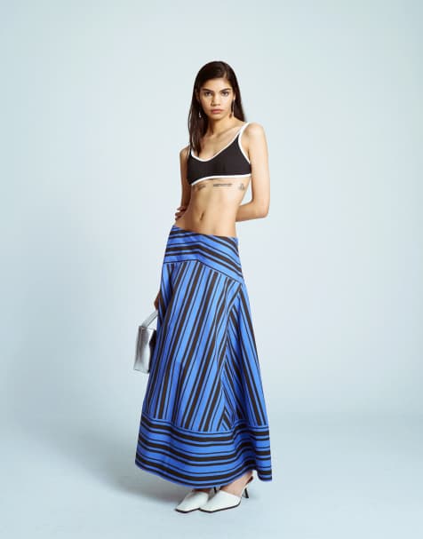 Topshop drop waist spliced maxi skirt in blue stripe - view 1