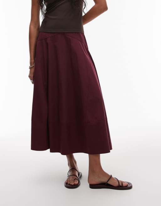 Topshop drop waist spliced maxi skirt in burgundy