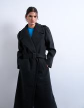 Topshop dropped belt longline formal coat in charcoal