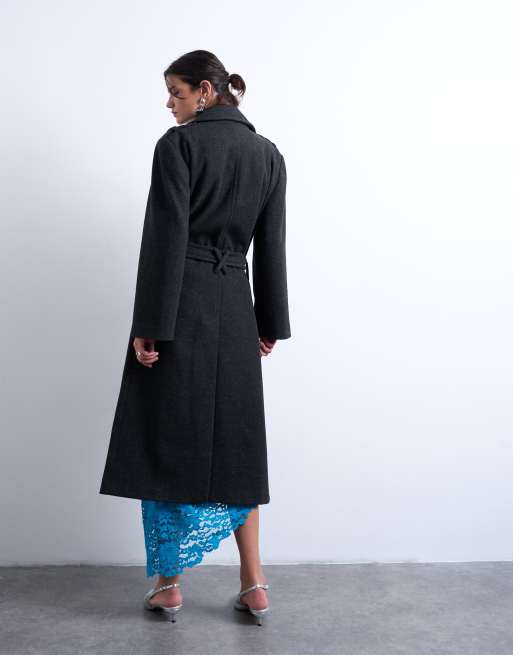 Topshop dropped belt longline formal coat in charcoal, 3 of 4