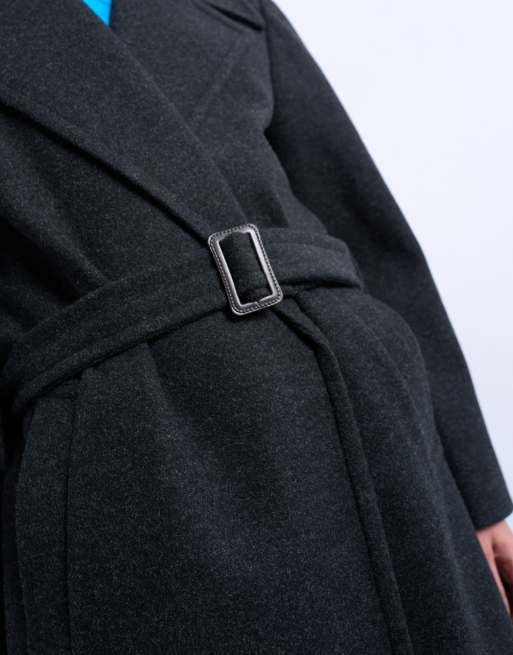 Topshop dropped belt longline formal coat in charcoal, 4 of 4