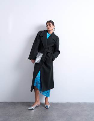 Topshop Dropped Belt Longline Formal Coat In Black