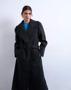 Dropped belt longline formal coat in grey