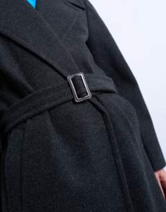 Model wearing Dropped belt longline formal coat in grey