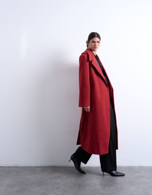 Topshop Dropped Belt Longline Formal Coat In Red