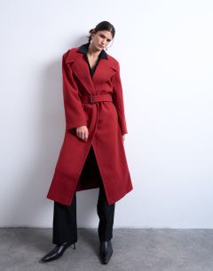 Model wearing Dropped belt longline formal coat in red