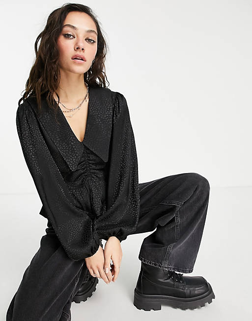 Tops Shirts & Blouses/Topshop dropped collar jacquard blouse in black 
