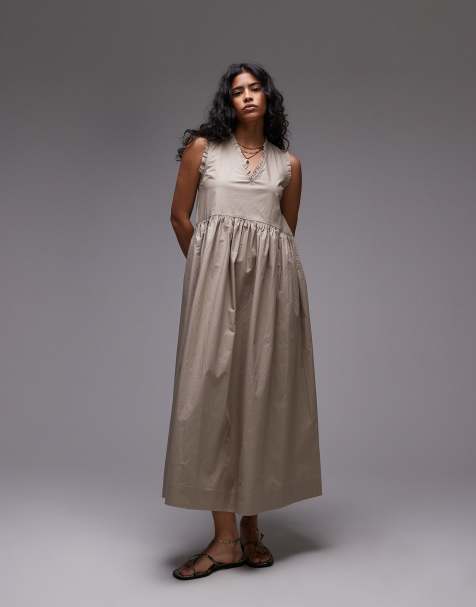 Topshop dropped hem chuck on heavy poplin midi dress in taupe - view 1