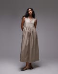 [Topshop] Topshop dropped hem chuck on heavy poplin midi dress in taupe-Brown 18 Taupe