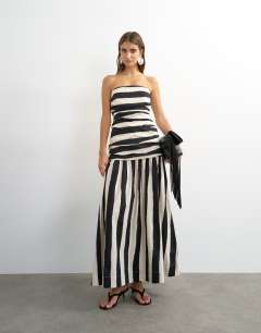 Dropped waist bandeau maxi dress in thick mono stripe