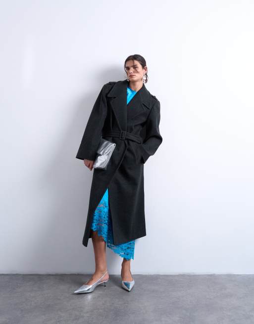 Topshop dropped waist belted longline formal coat in charcoal, 2 of 4