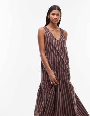Topshop dropped waist chuck on poplin midi dress in pink and choc stripe - view 1