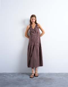 Dropped waist chuck on poplin midi dress in pink and choc stripe