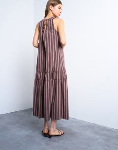 Model wearing Dropped waist chuck on poplin midi dress in pink and choc stripe