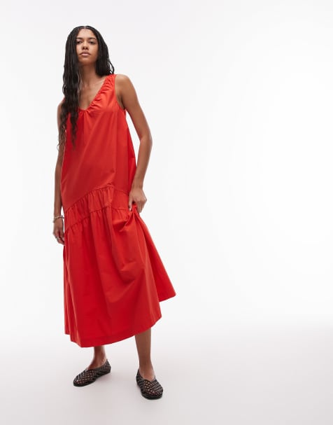 Topshop dropped waist chuck on poplin midi dress in tomato red