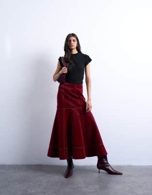 Topshop Dropped Waist Contrast Stitched Pu Maxi Skirt In Red