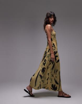 dropped waist crinkle mesh maxi dress in yellow floral print-Multi