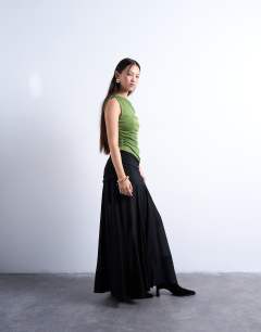 Dropped waist draped fabric maxi skirt in black
