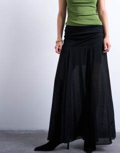 Model wearing Dropped waist draped fabric maxi skirt in black