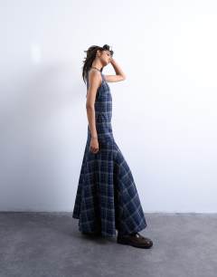 Dropped waist full circle hem midi dress in navy check