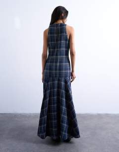 Model wearing Dropped waist full circle hem midi dress in navy check