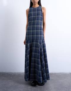 Model wearing Dropped waist full circle hem midi dress in navy check