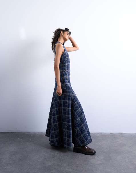 Topshop dropped waist full circle hem midi dress in navy plaid - view 1