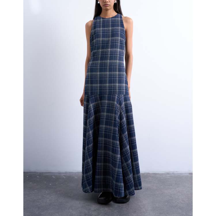 Topshop dropped waist full circle hem midi dress in navy plaid | ASOS