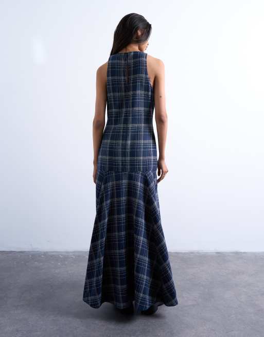 Topshop dropped waist full circle hem midi dress in navy plaid