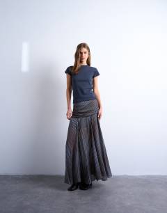 Model wearing Dropped waist full hem maxi skirt in  stripe